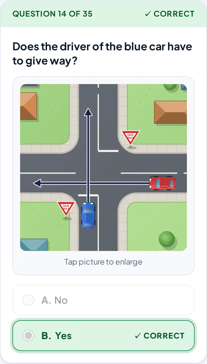 A KiwiDrive practice question with a give-way diagram, answered correctly