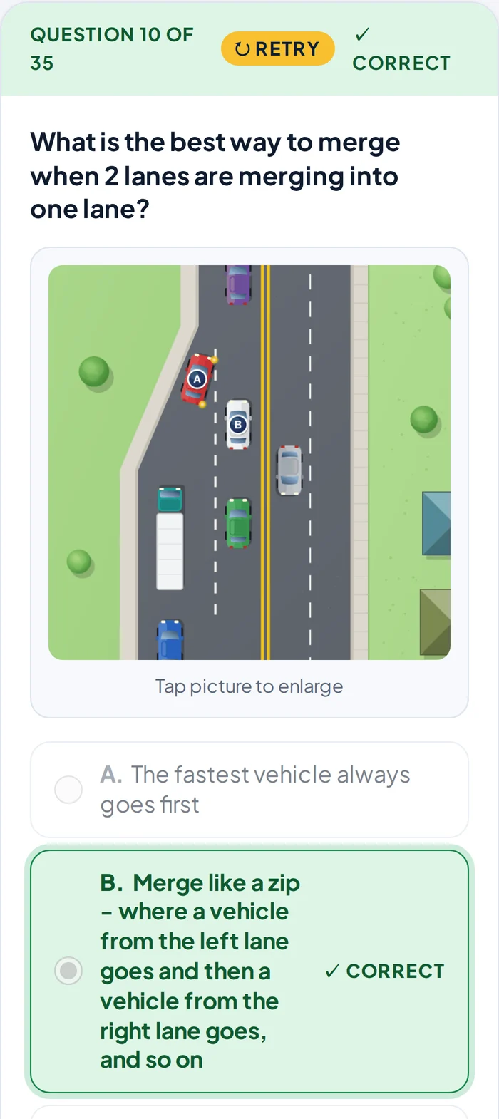 A retry question about merging lanes, answered correctly this time