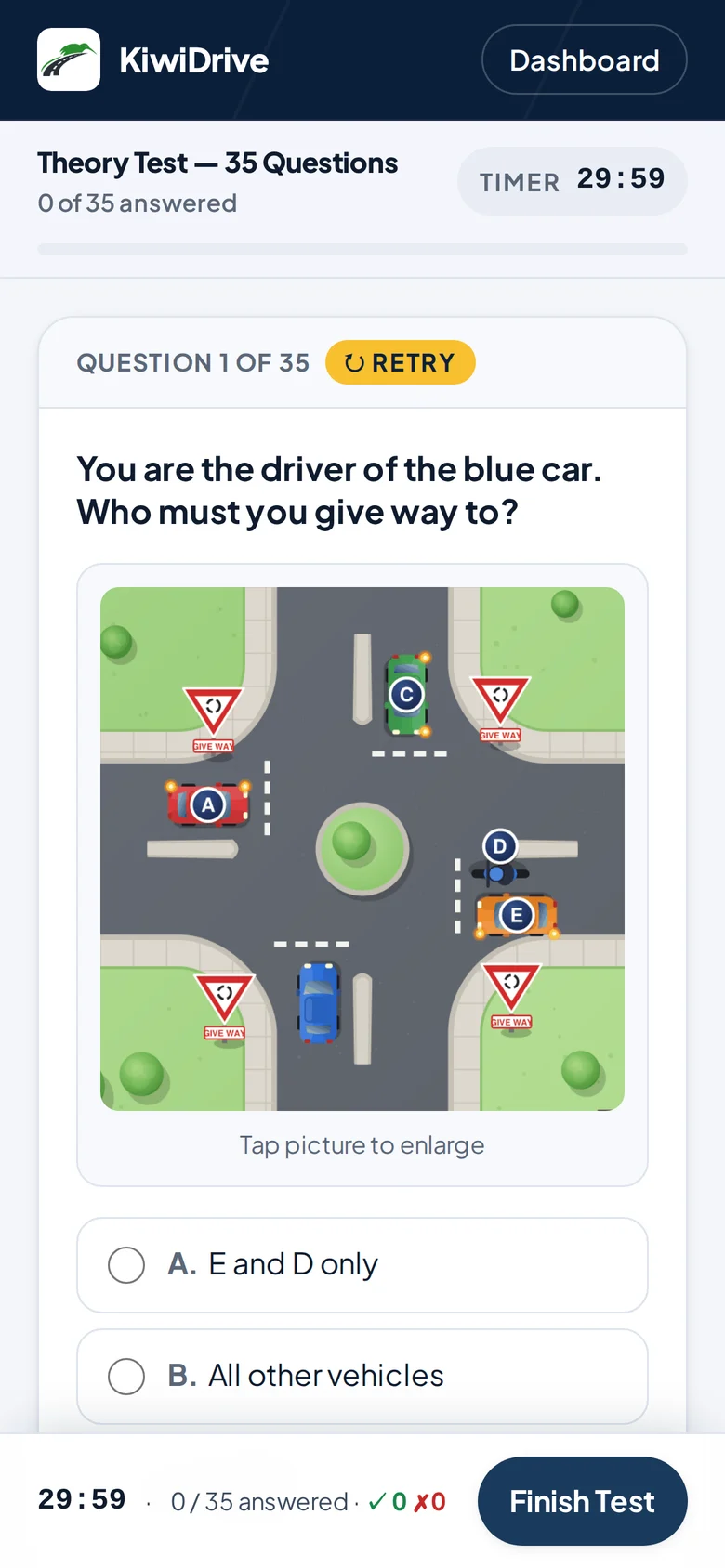 The KiwiDrive test screen: the timer, the progress bar and the first question with its diagram